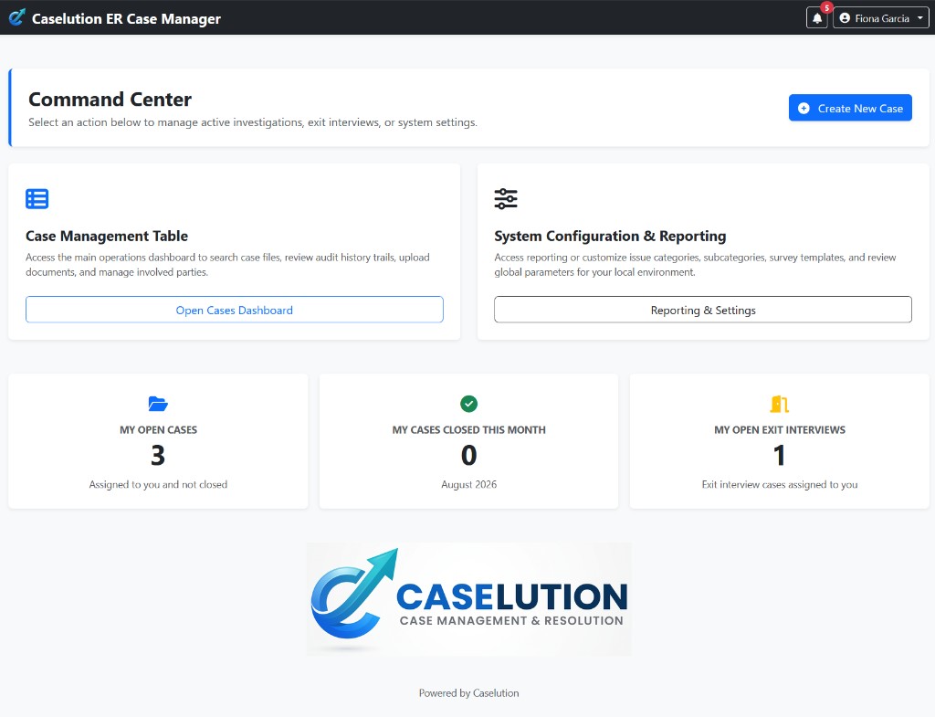 Caselution Command Center with case management shortcuts and open-case metrics